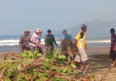 TNI dan Warga Gotong Royong Bersihkan Pantai Blado di Trenggalek