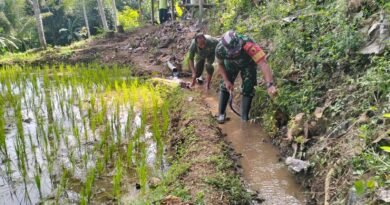 Babinsa dan Warga Gotong Royong Bersihkan Saluran Irigasi Sawah