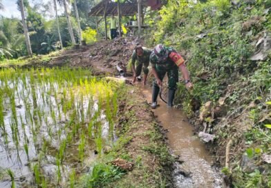Babinsa dan Warga Gotong Royong Bersihkan Saluran Irigasi Sawah